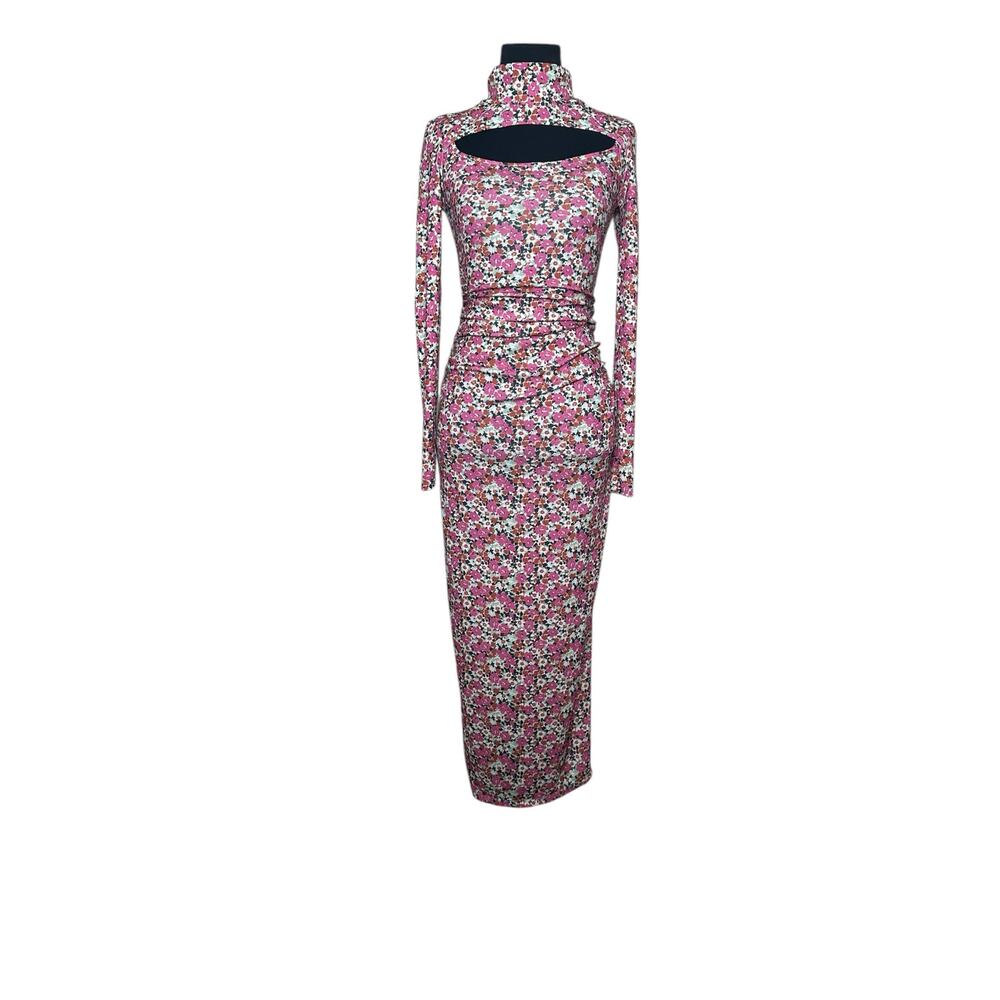 Zara pink floral long sleeves maxi pencil dress size Small